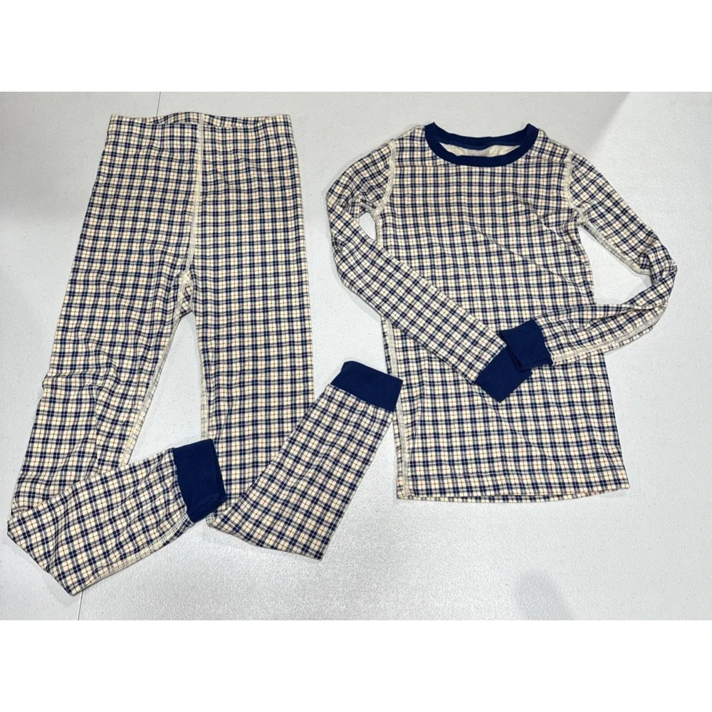Hanna Andersson Boys Pajama Set & Pjs Top 120 6-7 Blue Plaid Red Stripes Holiday